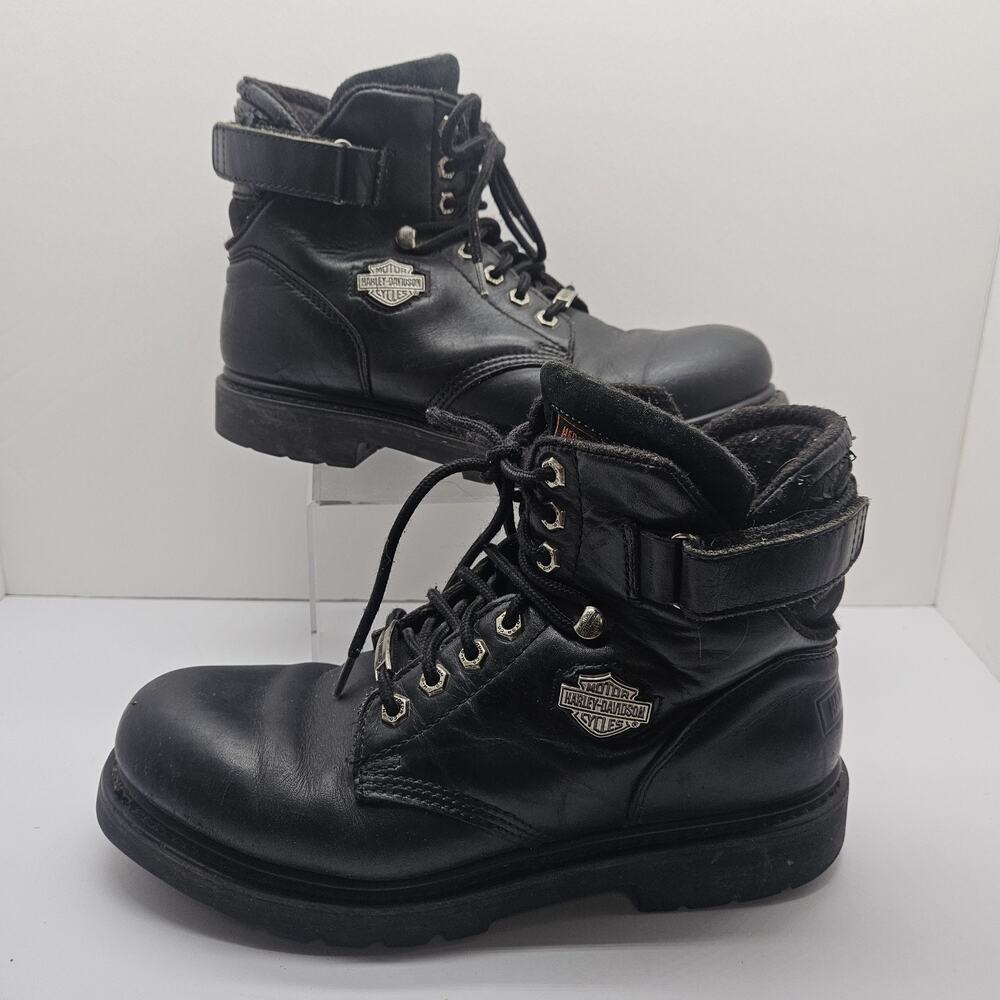 Harley Davidson 91017 Black Leather Lace-Up Ankle Motorcycle Boots Men's US 10